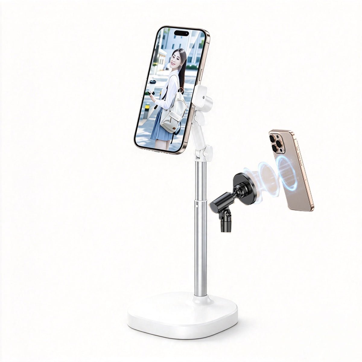 Weighted desktop phone stand with adjustable arm