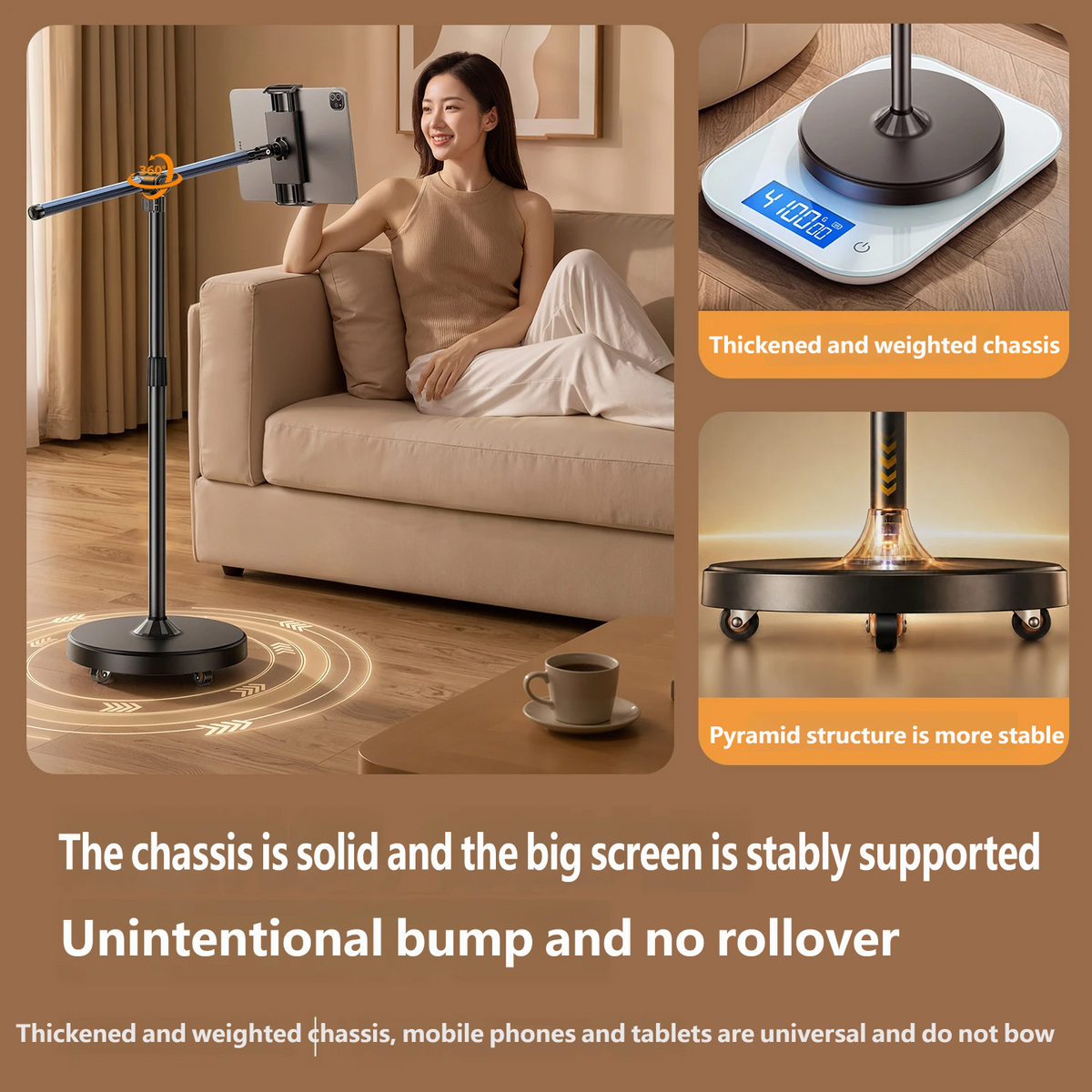 Rolling Overhead Phone & Tablet Floor Stand, 50cm Arm, Height Adjustable, 360° Wheels