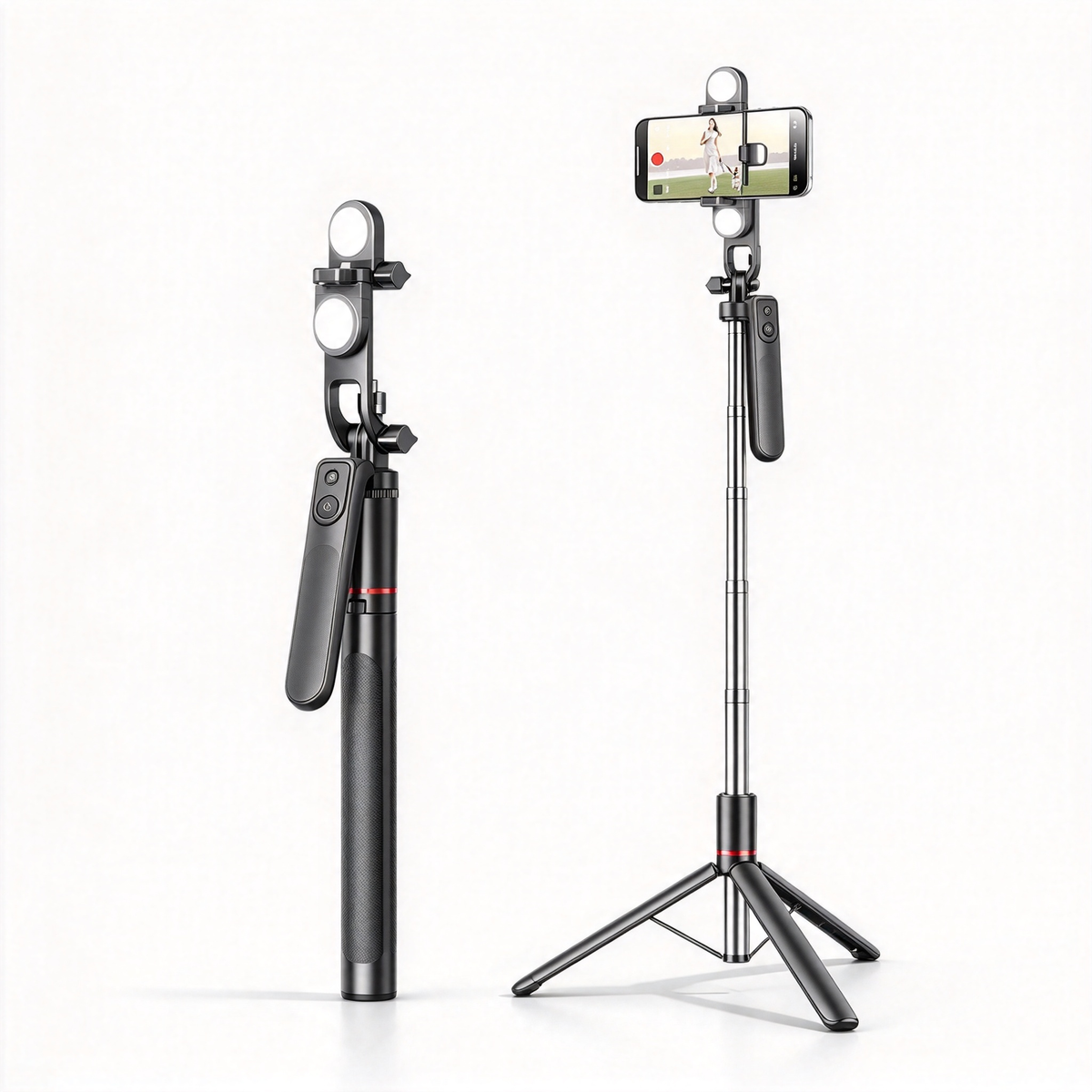 Prime Mount selfie stick tripod with fill light, bluetooth remote, extendable pole