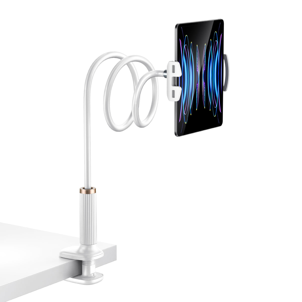 Gooseneck tablet phone holder, flexible adjustable arm, sturdy clamp for desk mounting