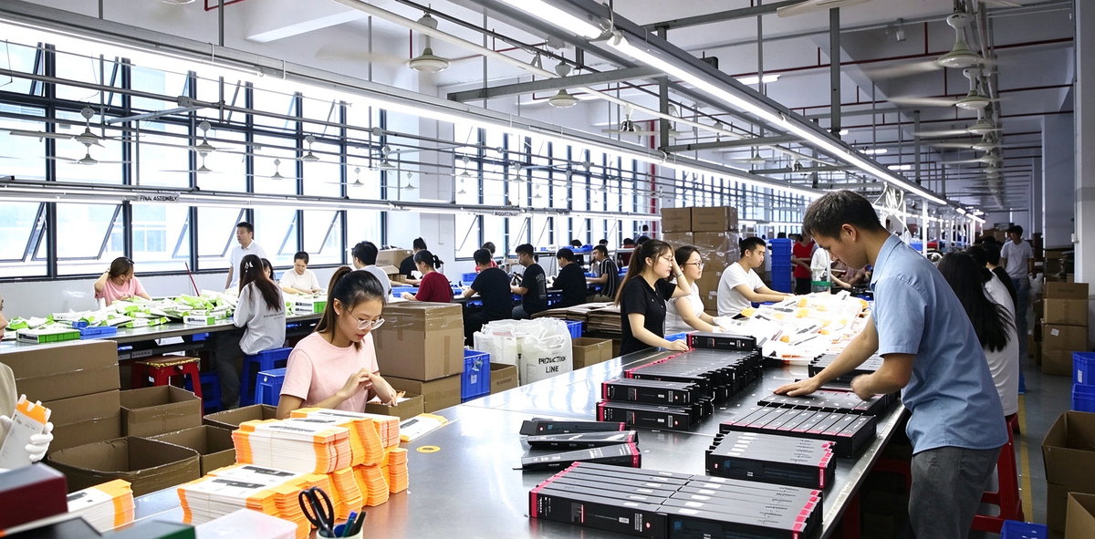 Production staff assembling and packing stand components at the Prime Mount factory