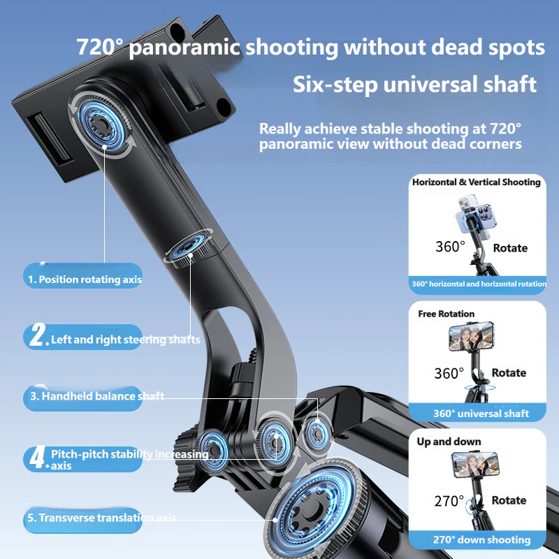 1.8m Selfie Stick Tripod with Bluetooth Remote, 6-Axis Anti-Shake Gimbal, One-Key Open Stand for Phone