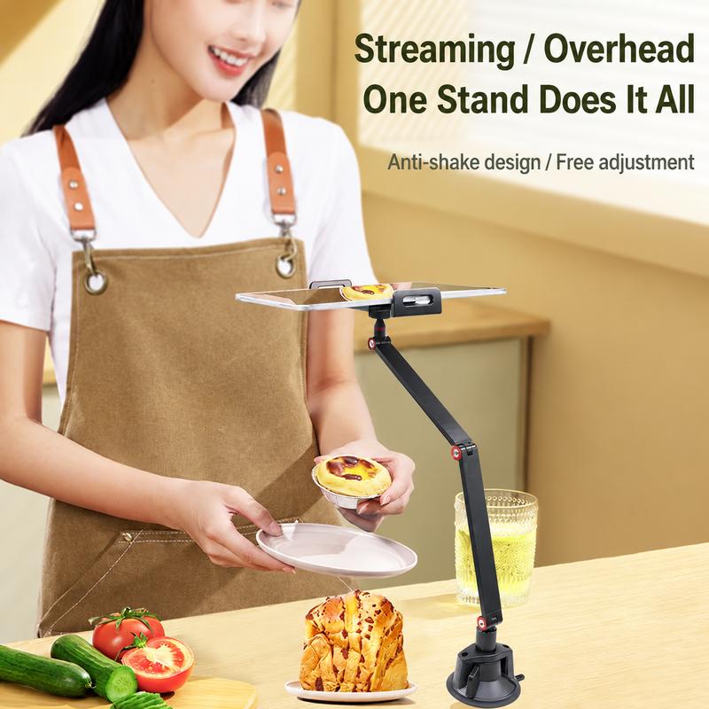 Prime Mount overhead phone stand for streaming, adjustable tabletop mount for food cooking video recording, anti-shake overhead shot holder