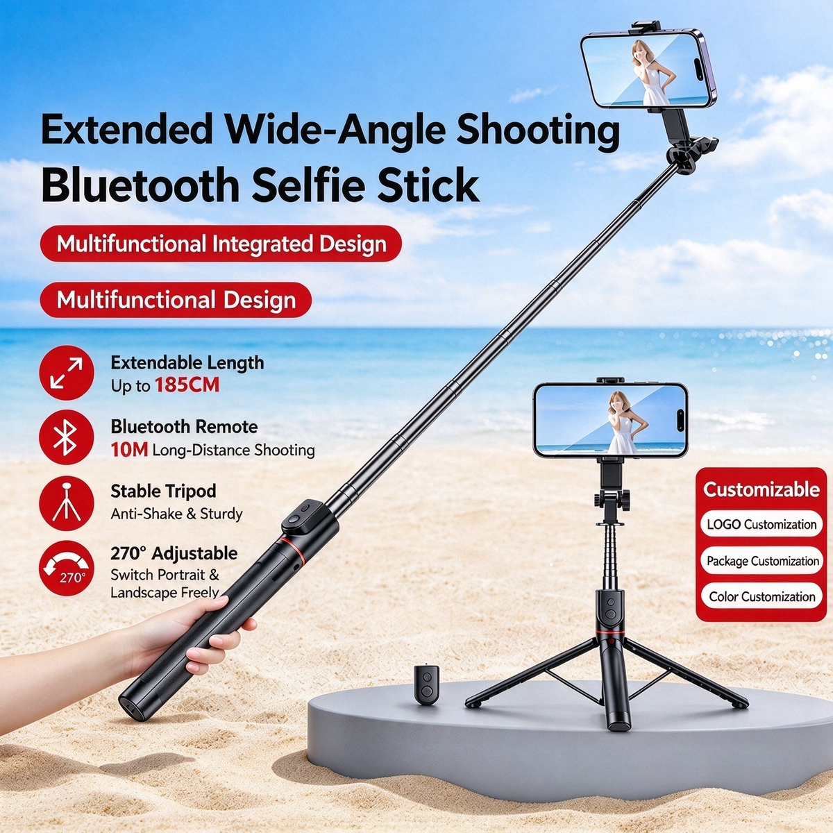 Bluetooth selfie stick tripod, extends up to 185cm, 270° angle adjustable