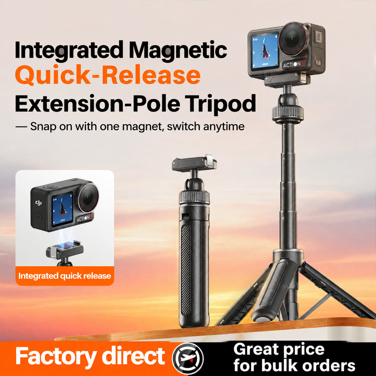 Magnetic quick-release mount on a compact tripod base