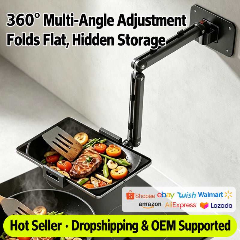 360° foldable wall tablet stand, hidden mount for kitchen hands free viewing