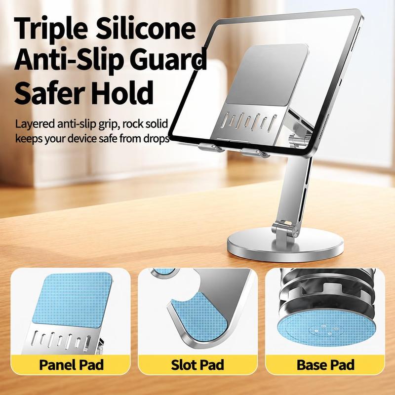 Tablet stand with triple silicone anti-slip guard, panel, slot and base non-slip pads for safer holding