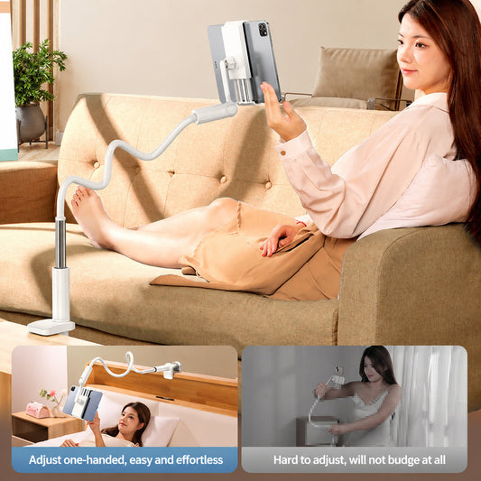 Tablet gooseneck stand adjusted for hands-free viewing