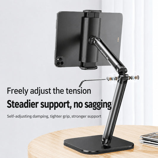 Tablet desktop stand, adjustable hinge tension, anti-sag stable support