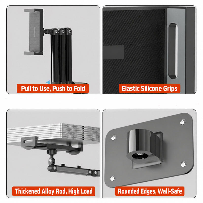 9-axis wall tablet mount, thick alloy arm, silicone grip, foldable storage