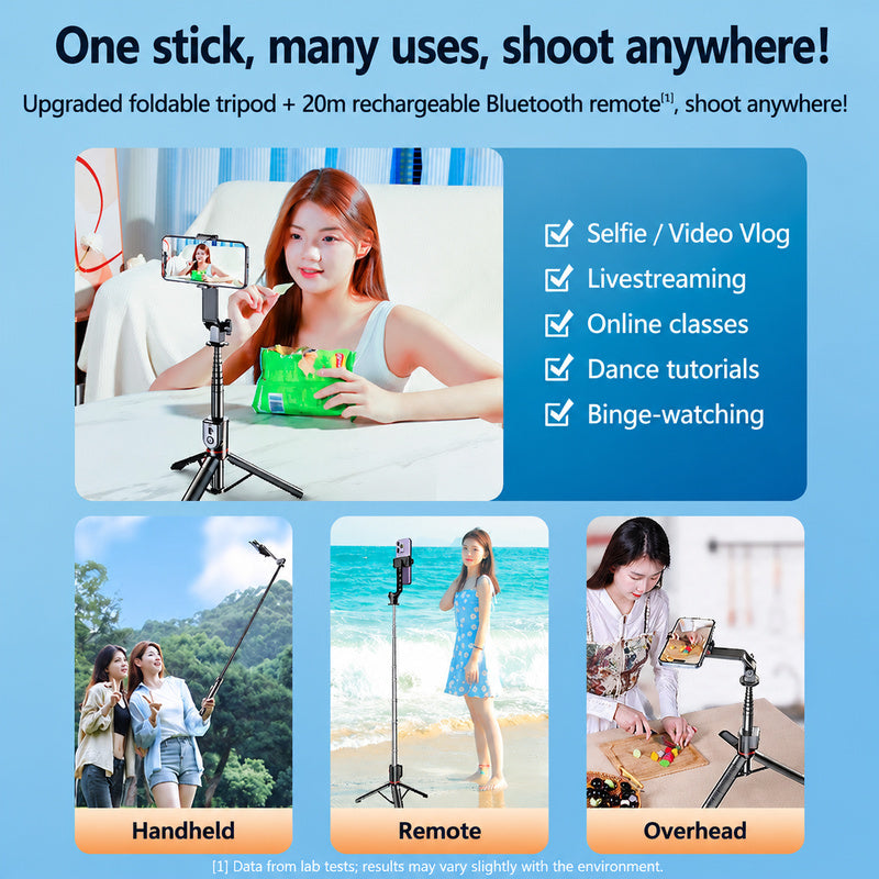 Bluetooth selfie stick tripod, foldable design, 20m remote control
