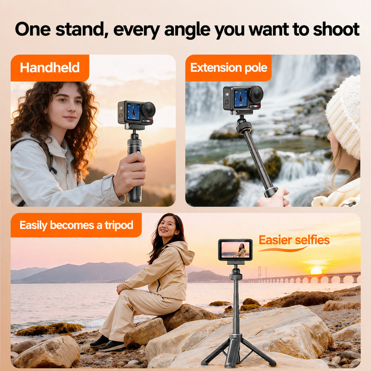 Action camera tripod extended as a handheld selfie stick