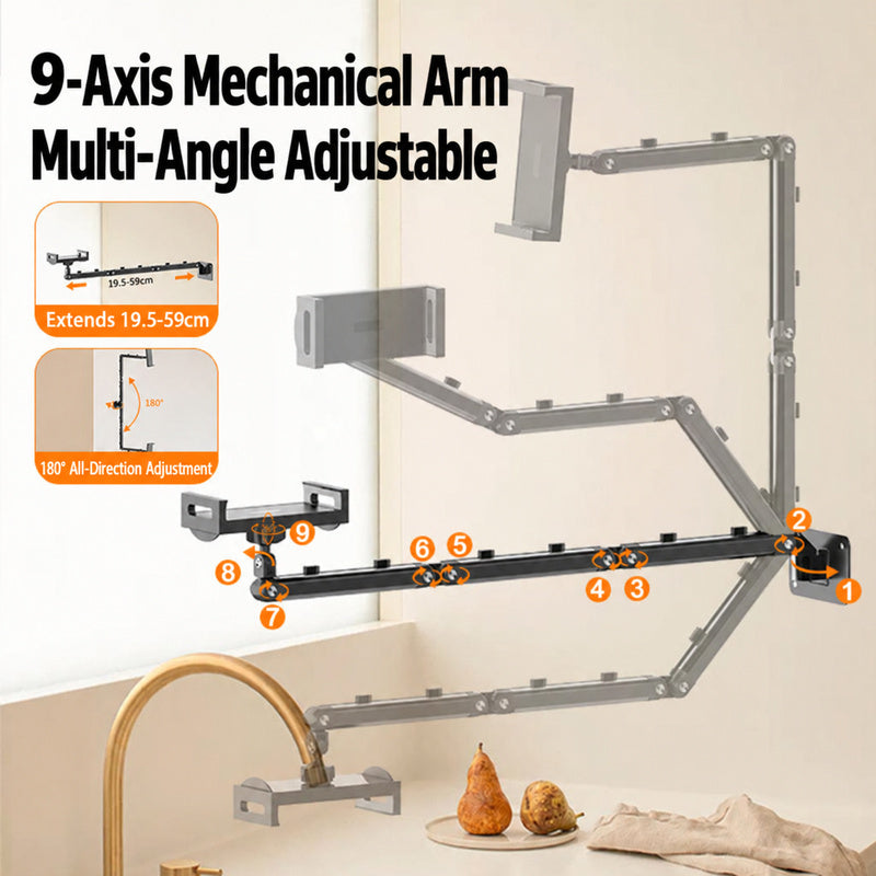 9-axis adjustable wall tablet holder, extendable arm with 180 degree rotation