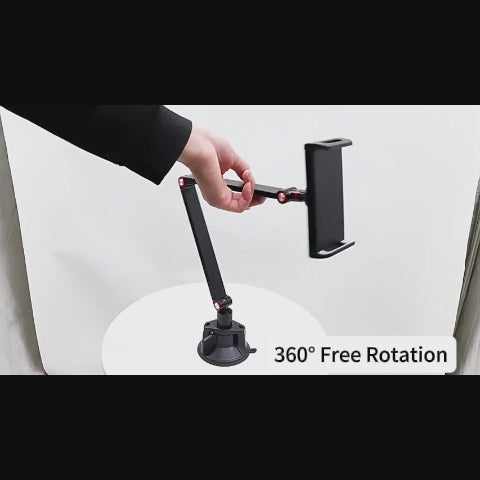 Vacuum suction tablet & phone stand demo video,180° foldable,free height adjustment,360 rotation,holds large iPad and phone,max load 1.5kg