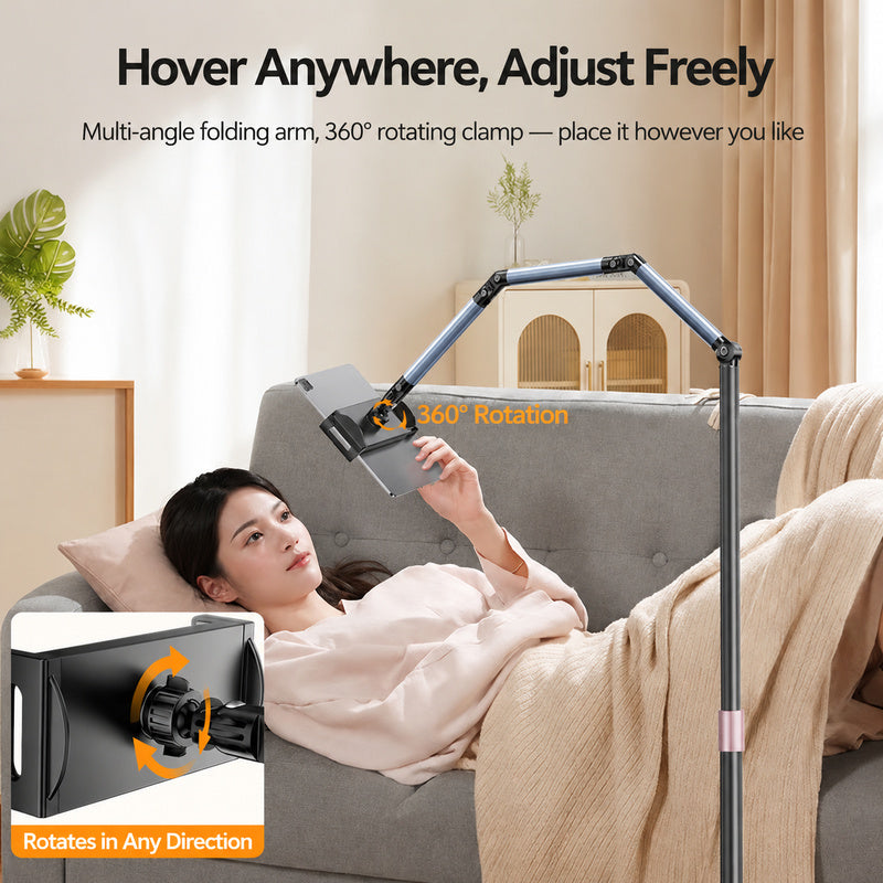 Floor tablet stand, 360° rotating clamp, multi-angle folding arm