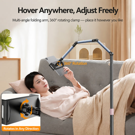 Floor tablet stand, 360° rotating clamp, multi-angle folding arm