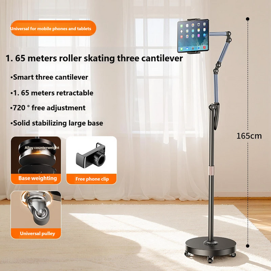 165cm Rolling Floor Stand, 3-Arm Phone & Tablet Holder, 720° Adjustable
