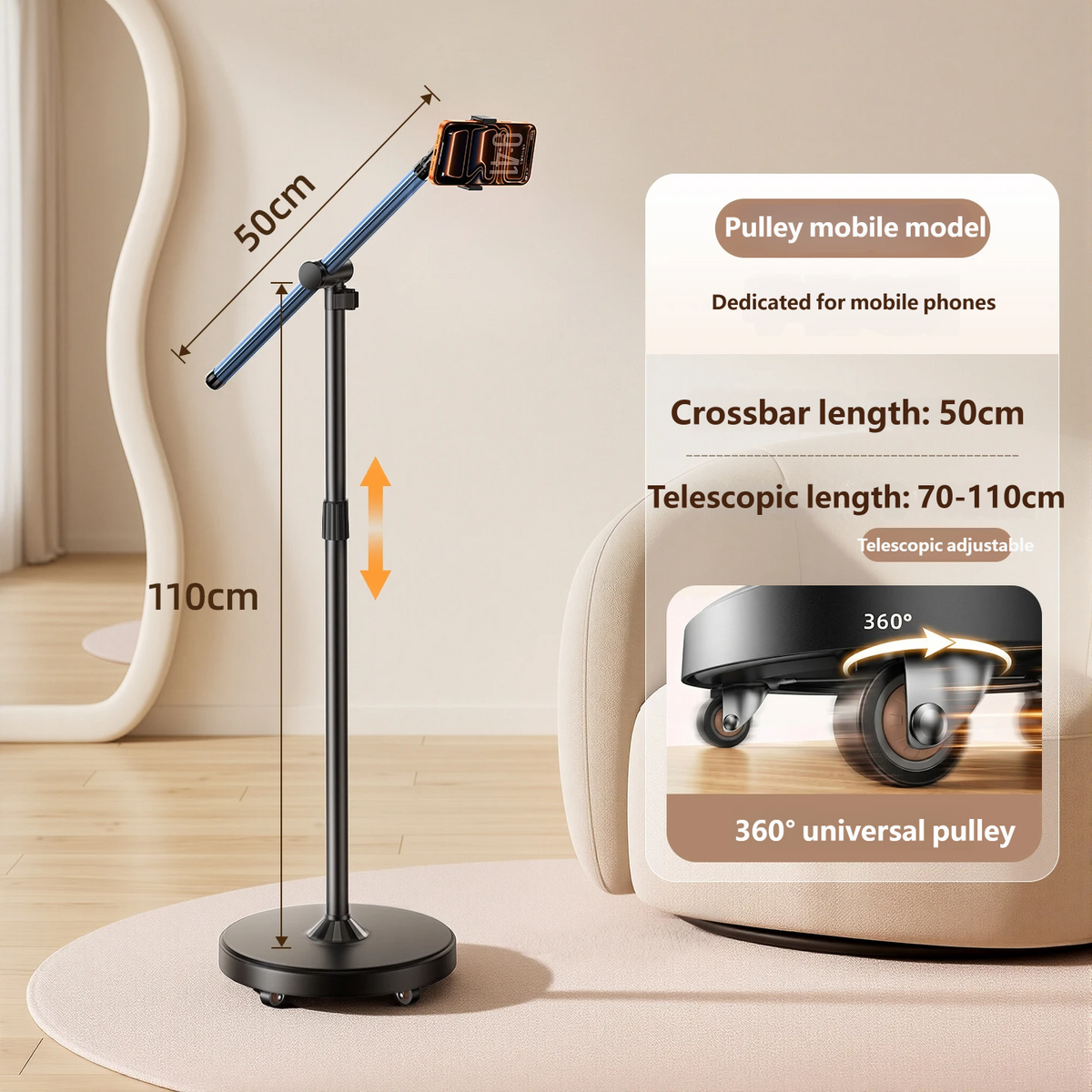 Rolling Overhead Phone & Tablet Floor Stand, 50cm Arm, Height Adjustable, 360° Wheels