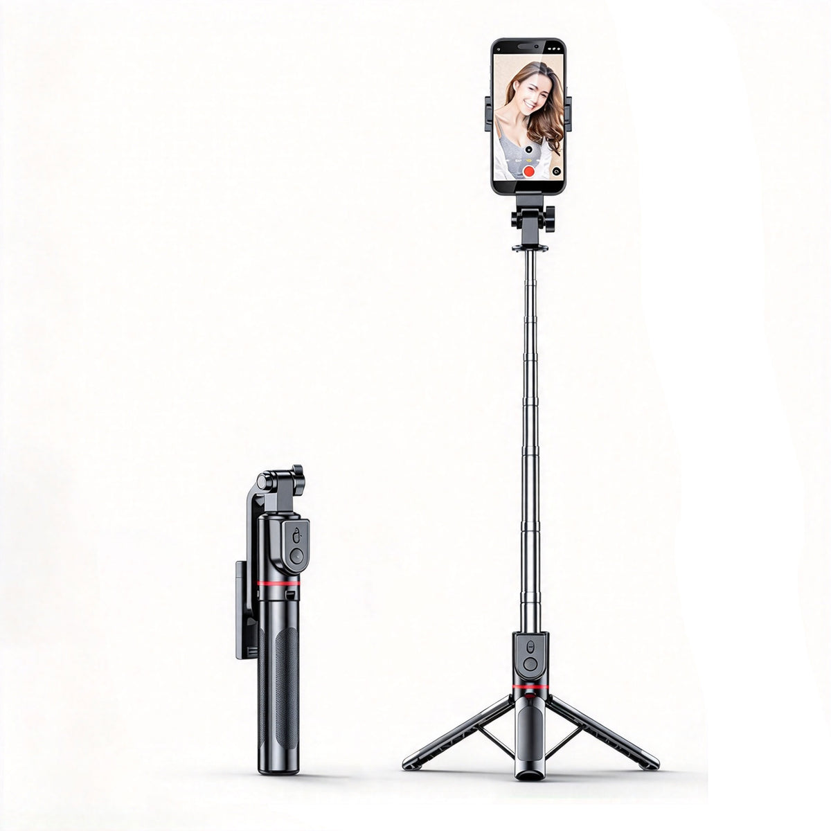 Prime Mount selfie stick tripod, foldable and extended modes, stable tripod base