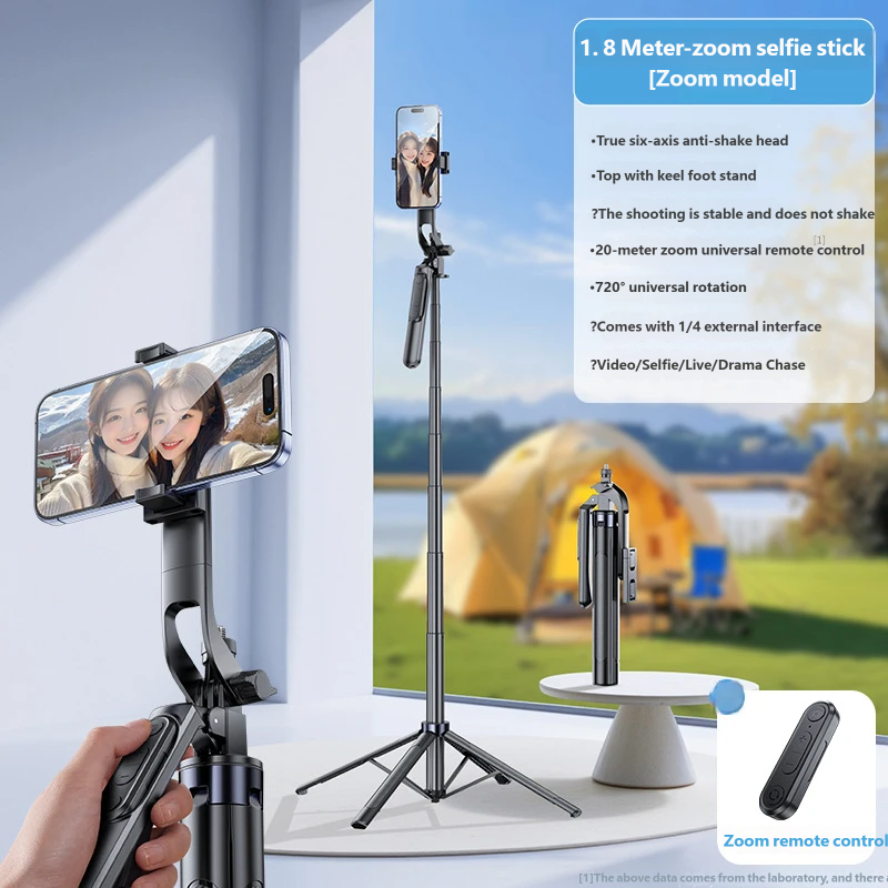 1.8m Selfie Stick Tripod with Bluetooth Remote, 6-Axis Anti-Shake Gimbal, One-Key Open Stand for Phone