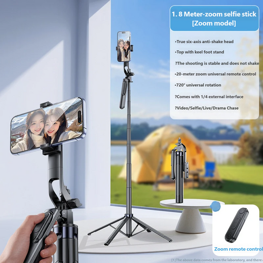 1.8m Selfie Stick Tripod with Bluetooth Remote, 6-Axis Anti-Shake Gimbal, One-Key Open Stand for Phone