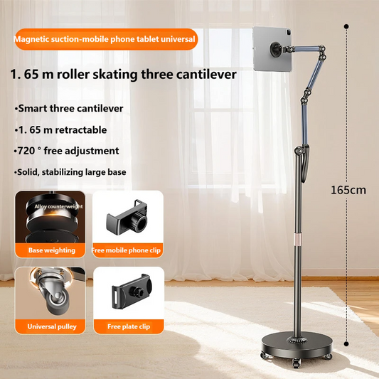 165cm Rolling Floor Stand, 3-Arm Phone & Tablet Holder, 720° Adjustable