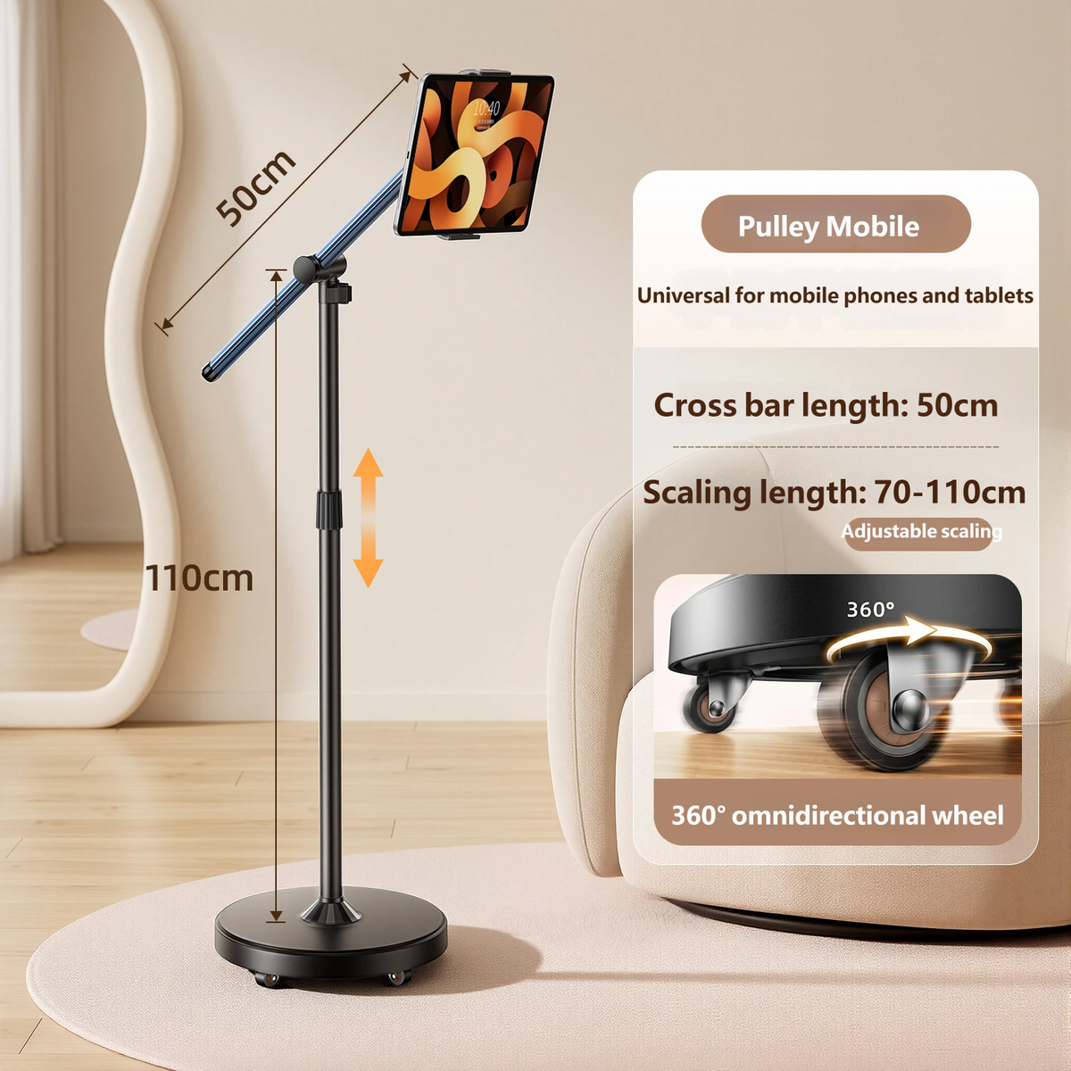 Rolling Overhead Phone & Tablet Floor Stand, 50cm Arm, Height Adjustable, 360° Wheels