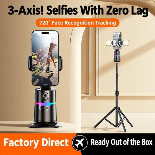 3-axis AI tracking phone holder tripod, 720 degree face recognition, zero lag selfies and outdoor video shooting