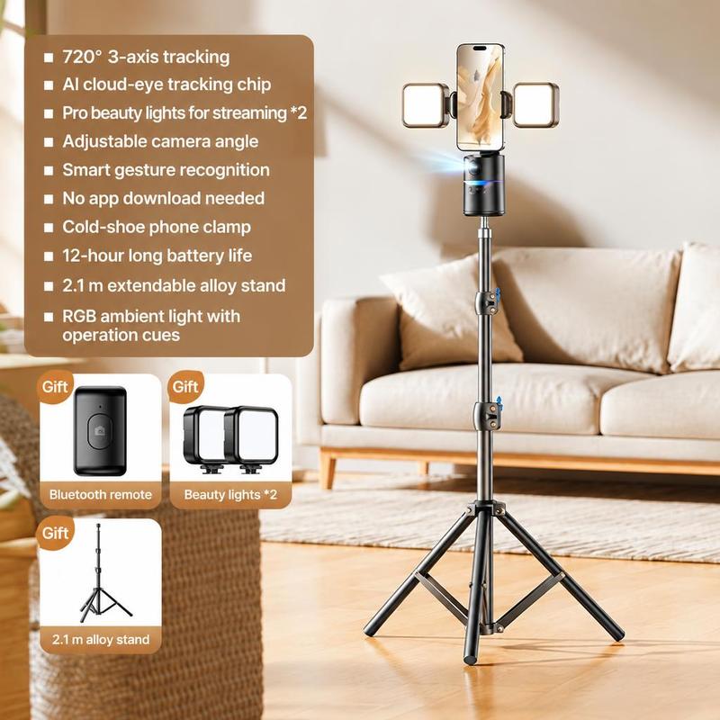 AI auto tracking phone tripod, 720° 3-axis face tracking, gesture control, 2.1m extendable alloy stand with 2 streaming beauty lights